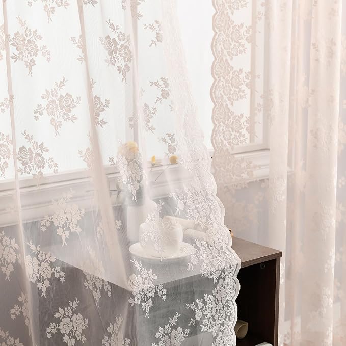 Kotile Blush Pink Sheer Curtains 54 Inch Length, 2 Panels, W42 x L54 Inch Each, Country Rustic Floral Coquette Lace Curtains for Girls Bedroom, Rod Pocket Privacy Light Filtering Lacy Window Curtain