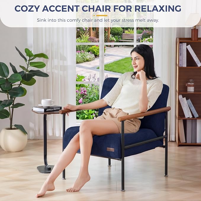 MAXYOYO Living Room Accent Chair, Modern Chair with Metal Frame | Upholstered Reading Chair Modern Living Room Chair with Support Cushion for Bedroom Balcony Porch, Navy