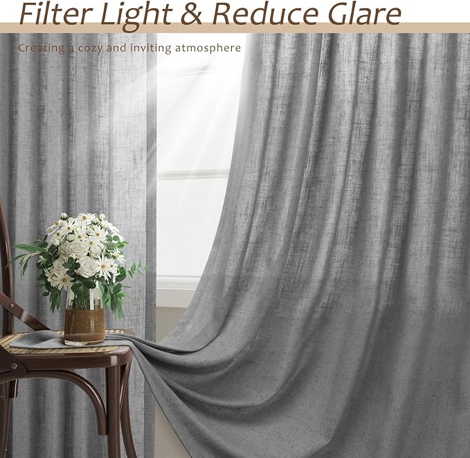 Aersas 102 Dark Grey Linen Sheer Curtains for Living Room 2 Pages Modern Neutral Light Filtering Privacy Drapes Flax Fabric Back Tab and Rod Pocket Curtain 52 Inch Width x 102 Inch Length