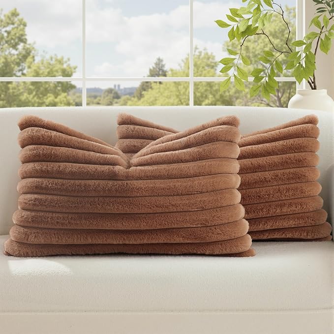 decorUhome Fall Cozy Faux Fur Throw Pillow Covers 12x20 Set of 2 Decorative Soft Plush Striped Lumbar Modern Farmhouse Boho Couch Pillow Cases with Velvet Back for Sofa Bed Living Room, Brown