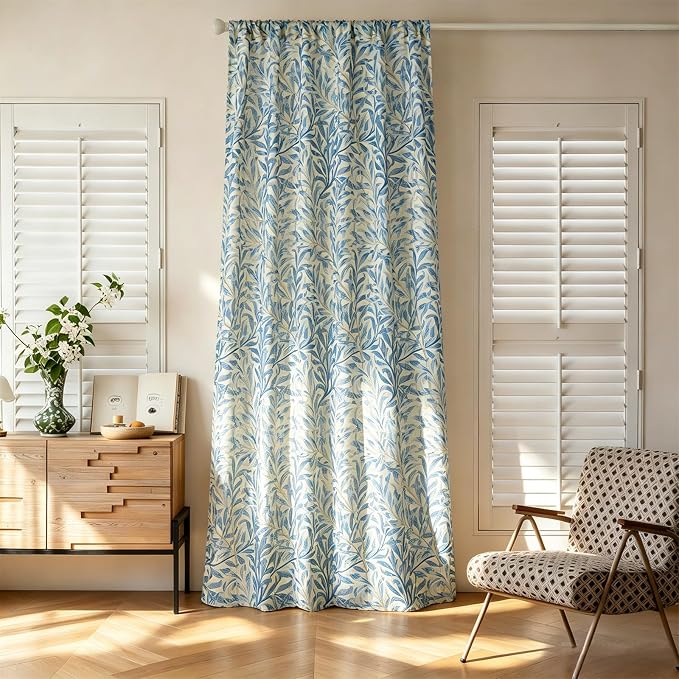 RoomTalks Turquoise Blue Floral Window Curtains 84 Inches Length 2 Panels Faux Linen Privacy, Boho Farmhouse Country Vintage Cute Botanical Curtain Panels for Bedroom Dining Living Room Nursery