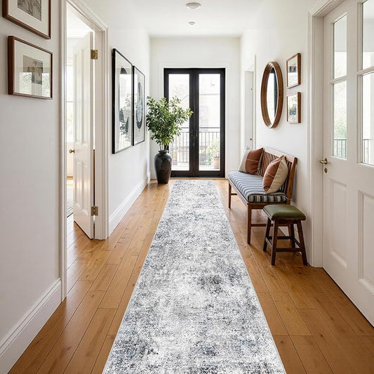 2x12 Runner Rug: Washable Low Pile Hallway Carpet with Non Slip Backing Pet Friendly Durable Long Floor Mat Ideal for High Traffic Areas Like Entryway Kitchen Bedroom or Laundry Room (Blue Gray,2x12)