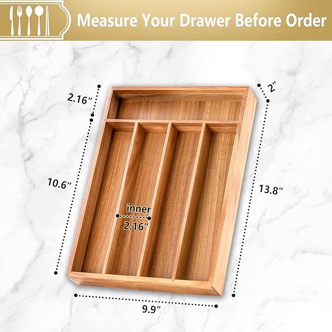 Silverware Organizer, 2 Pack 10 Inch Utensil Organizer Kitchen Drawer Organizer Acacia Silverware Holder Cutlery Tray Organizer in Drawer Flatware Organizer Tray(5 slots, Acacia）