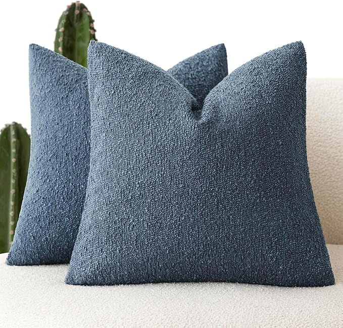 Foindtower Set of 2, Decorative Textured Boucle Throw Pillow Covers Accent Solid Pillow Cases Neutral Couch Cushion Case for Chair Sofa Bedroom Living Room Home Decor 24x24 Inch Dark Blue