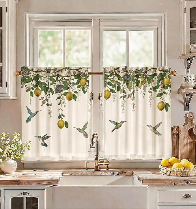Miss Adola Farmhouse Kitchen Tier Curtains - 30 Inch Length Linen Blend Vintage Cafe Curtains Lemon Bird Small Window Treatments Over Sink Rod Pocket for Bathroom Living Room Light Filtering, 2 Panels