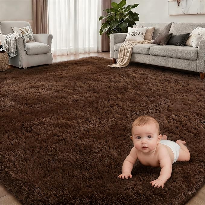 Fluffy Area Rugs 9x12 Living Room Bedroom: Ultra Soft Shag Rug Upgrade Non-Slip Non-Shedding Large Fuzzy Plush Carpet Indoor Floor Carpets for Kids Room Playroom Nursery Dorms Home Decor Brown