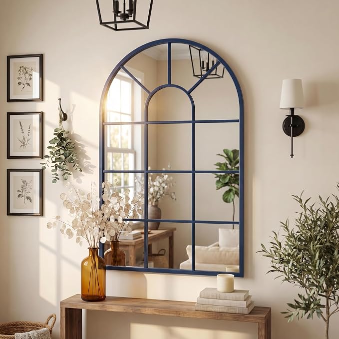Blue Arched Windowpane Mirror 32x20 Inch, Decorative Mirrors for Wall Entryway Living Room, Farmhouse Arch Window Pane Mirror, Large Wall Mirror for Home Decor