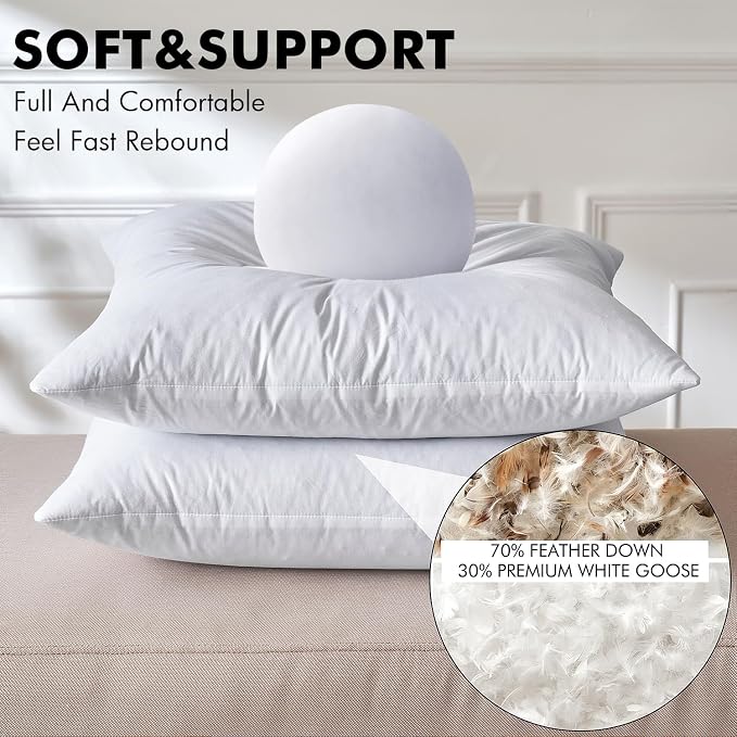 MIULEE 18 x 18 Goose Feather Down Pillows with 100% Cotton Cover, Set of 2 Soft Fluffy Decorative Pillow Inserts for Sofa Bed Couch Living Room White