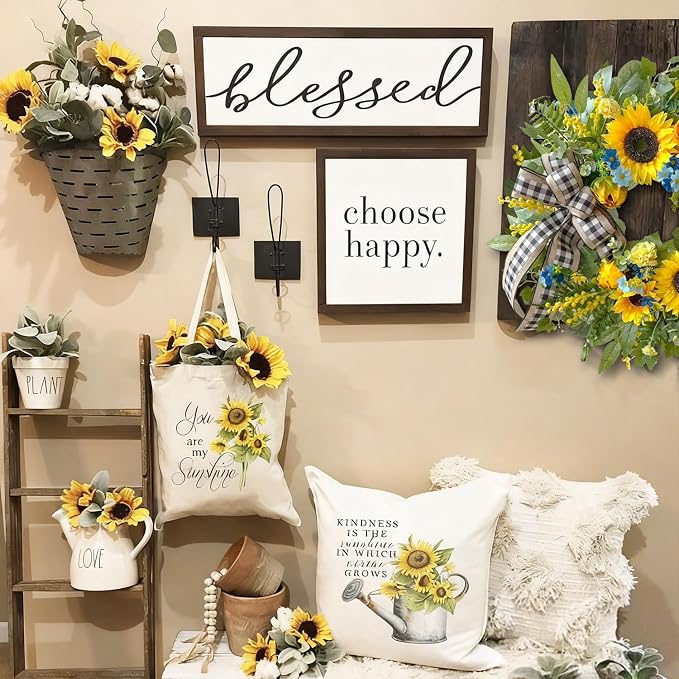 WANNA-CUL 24 Inch Summer Sunflower Wreath Linen Ribbon Front Door Wreath | Classic Farmhouse Door Wreath For Spring,Porch Indoor & Outdoor Mother's Day Decor With Daisies And Buffalo Check Ribbon.