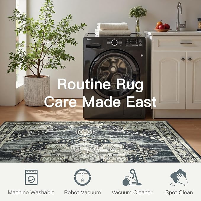 Lofus 5x7 Washable Rugs Non-Slip, Vintage Floral Area Rug for Living Room Bedroom Dining Room Kitchen, Low Pile Distress Print Medallion Carpet Home Decor Rug, Black Beige