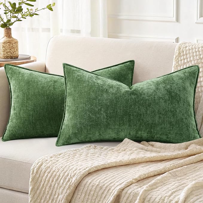 decorUhome Fall Couch Throw Pillow Covers 12x20 Set of 2, Decorative Soft Velvet Modern Cozy Chenille Lumbar Pillow Cases with Elegant Design for Sofa Bed Living Room Home Decor, Moss Green