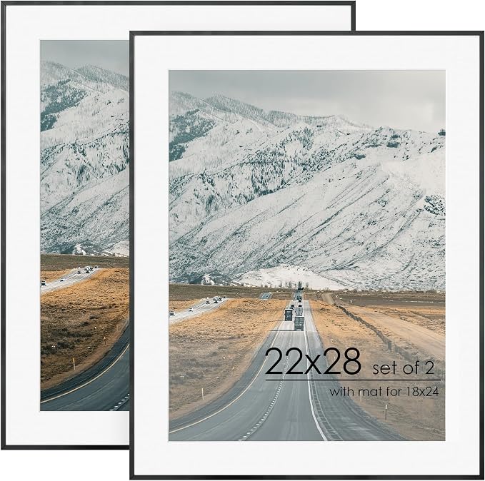Flyjoe 22x28 Metal Picture Frame For Wall With Mat For 18x24, 22''x28'' Aluminum Photo Frames With Tempered Glass For Home Decor, Minimalist Modern Poster Frame Horizontally Vertically Set of 2, Black