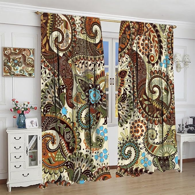 Boho Curtains, Abstract Pelis Boho Brown Vintage Floral Ethnic Tribal Blossom Print, Blackout Curtains for Bedroom Living Room63X72 Inch