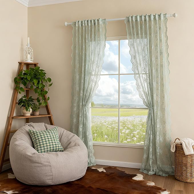 MEETSKY Lace Sheer Curtains 63 Inch Length Sage Green Spring Curtains Vintage Victorian French Lacy Curtain for Living Room Bedroom Light Filtering Drapes, 50" W Each Panel, 2 Panels