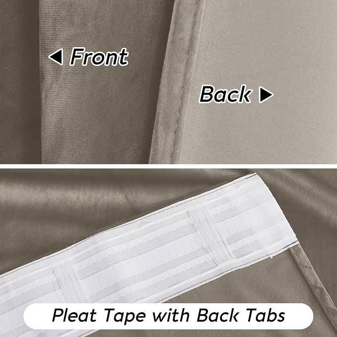 RYB HOME Taupe Velvet Curtains 72 inches with Hook Belt, Soft Fabric Room Darkening Thermal Insulated Luxurious Home Decor Curtains for Living Room Bedroom, W 52" x L 72", 2 Panels Set