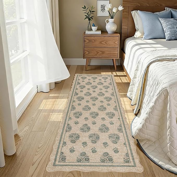 ORTIGIA Scalloped Easy Jute 2x6 Kitchen Runner Rug Vintage Green Floral Accent Farmhouse Washable Rug Non-Slip Outdoor Carpet for Entryway Indoor Hallway Patio Laundry Room