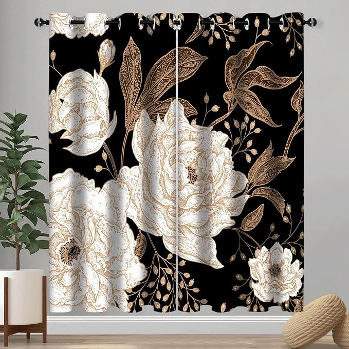 Boho Floral Blackout Curtain, Black Gold Flowers Aesthetic Art Curtains Darkening Thermal Insulated Grommet Window Drapes for Living Room Bedroom Decor 2 Panels 52x96 Inches