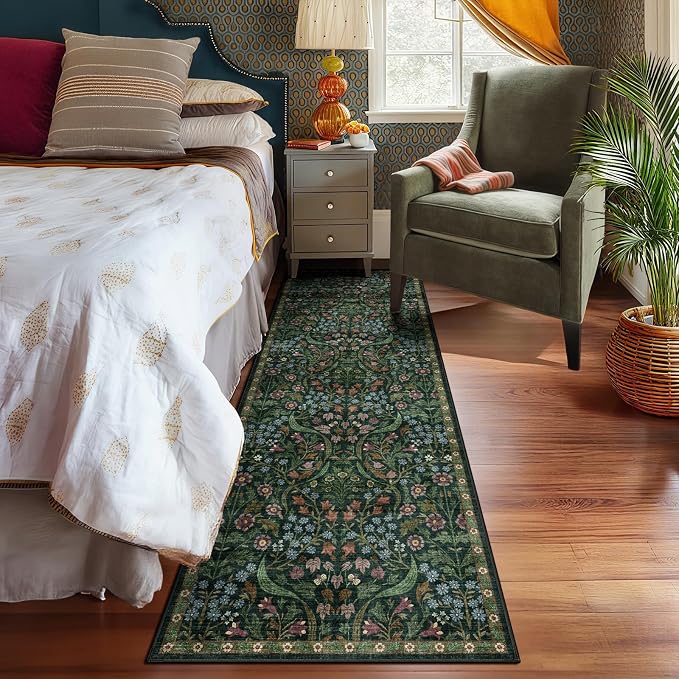 2.6x8 Machine Washable Runner Rug, Kitchen Hallway Area Rug Green Vintage Boho Floral Ultra Non-Slip Low Pile Soft Faux Wool Carpet Kids and Pets Friendly for Bedroom Entryway Nursery Decor Rug