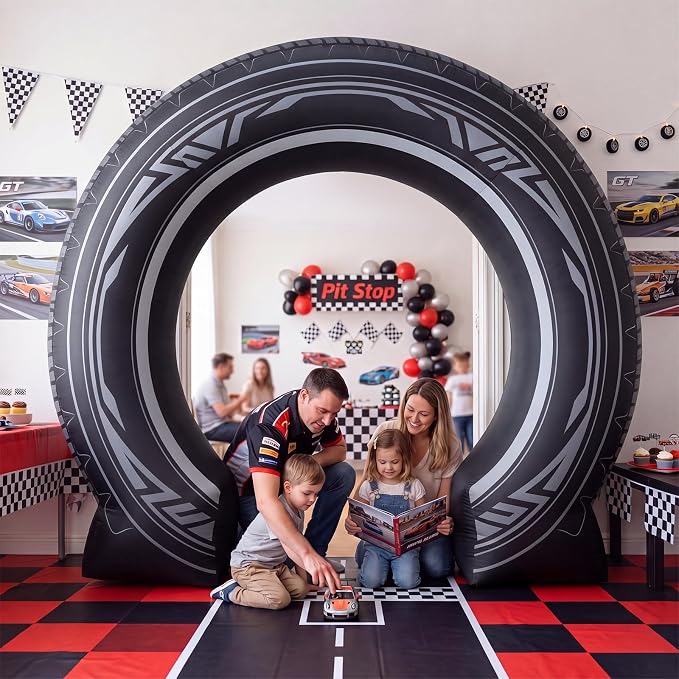 Seenelling 9 ft Racing Car Theme Giant Inflatable Archway Decoration Black Tire Design Arch Built-in LED Lights for Car Shows Party Events Photography Indoor Outdoor Supplies