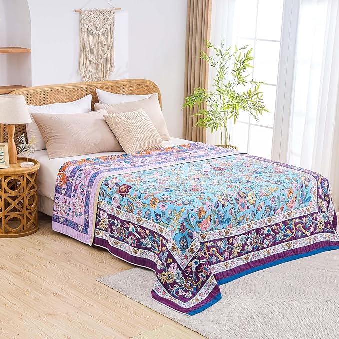 XIBLC Fall Blanket for Bed, 100% Cotton Soft Rustic Boho Throw Blanket Quilt, 60"x80" Farmhouse Decor Bed Flower Blankets, Light Weight Reversible Bohemian Throw Quilt