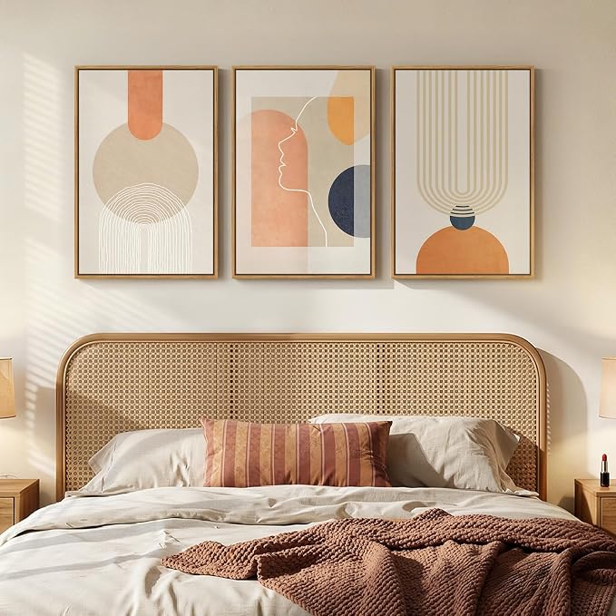 3 Piece Framed Abstract Boho Canvas Wall Art for Living Room, Large Mid Century Modern Geometric Line Prints Paintings, Neutral Minimalist Beige Orange Artwork Decor for Bedroom Entryway, 16x24 Inch