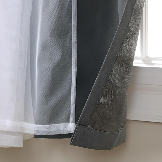 TOWN & COUNTRY LUXE Talia Double Layer Indoor Curtains, Sheer and Room Darkening Blackout, Grommet Top, Energy Efficient, 2-Pack Set, 52"x84", Black Pearl