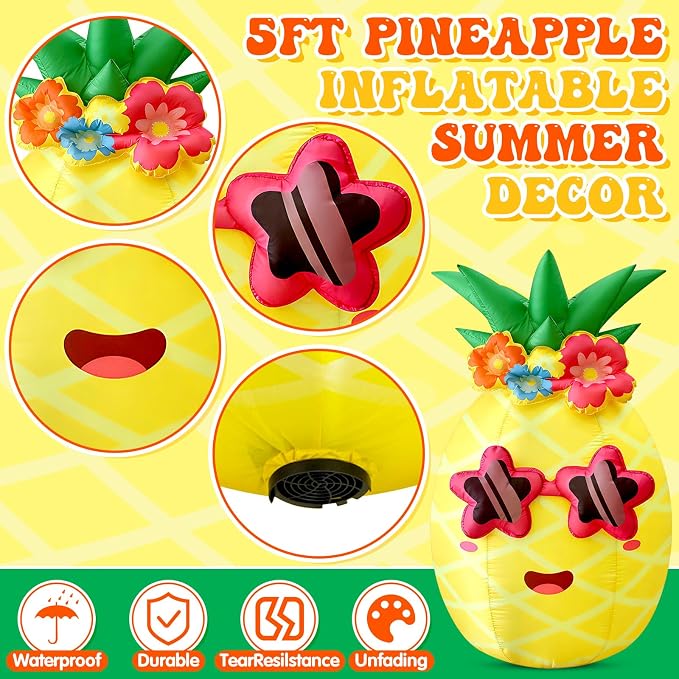 5FT Summer Inflatable Pineapple Outdoor Decor, Blow Up Pineapple Built-in LED Lights, Giant Inflatable Decorations for Tropical Pool Beach Party Photo Backdrop Yard Lawn Hawaiian Luau Party Supplies