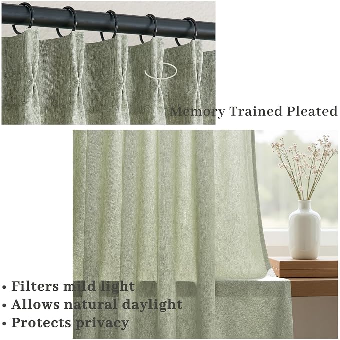 102 Inch Curtains 2 Panels Set,Two Packs Pinch Pleat Back Tab Linen Window Semi Sheer Privacy Thick Decorative Curtain Drapes for Living Room Bedroom,40x102 in Long,Sage Green