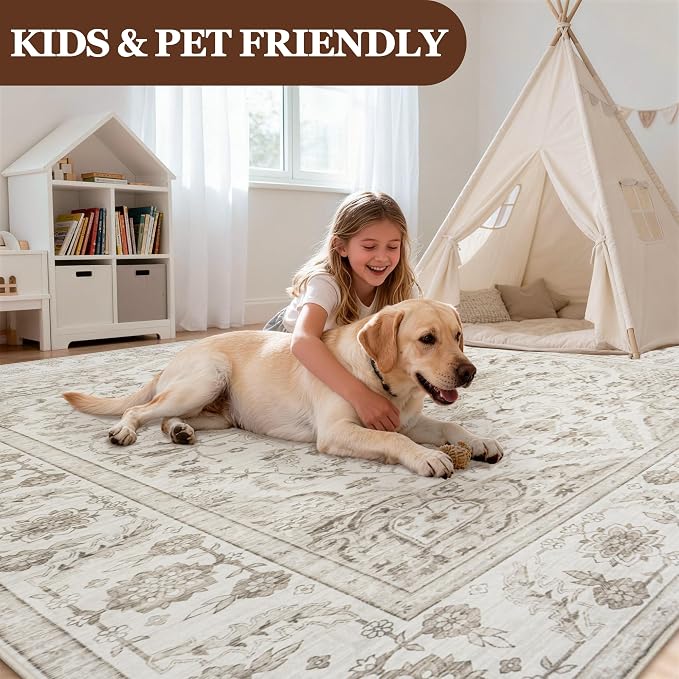 6x9 Area Rugs for Living Room:Beige Washable Vintage Medallion Carpet Non-Slip Soft Low Pile Large Rugs Indoor Retro Rug for Bedroom Nursery Dining Table Office Home(Beige White 6'x9')