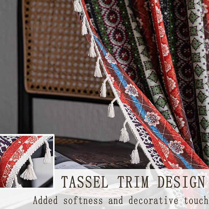 VOGOL Boho Semi Blackout Curtains, Colorful Stripes with Tassel Decorative Window Treatments, 1 Panel Rod Pocket Drapes for Living Rest Room, 59 x 79 Inches, Red Blue