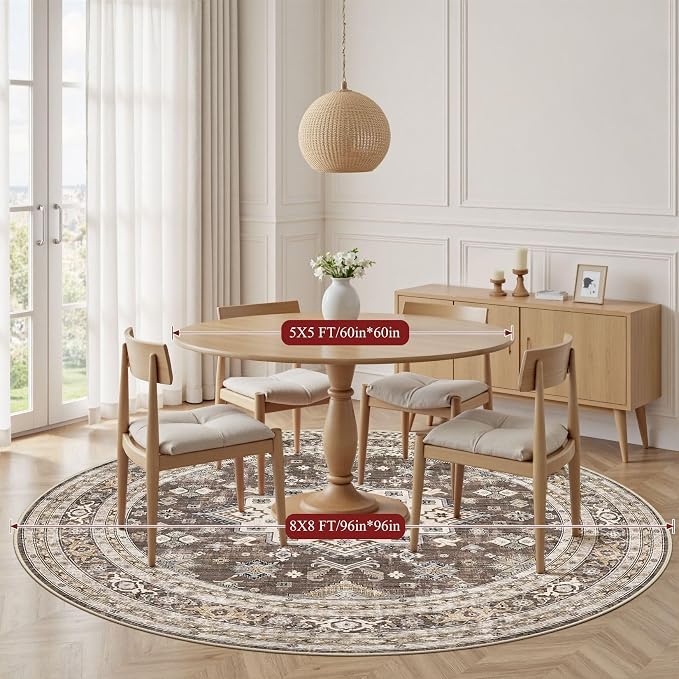 5ft Round Vintage Living Room Area Rug - 5x5 Large Soft Washable Oriental Traditional Distressed Farmhouse Rugs for Bedroom - Indoor Floor Accent Carpet for Home Office House Decor - Dark Brown