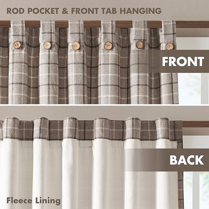 Madison Park Anaheim Cabin Plaid Curtain Window, Thermal Insulated Fleece Lining, Living Room Decor Room Darkening Drape for Bedroom, 1-Single Panel Pack, 50x84, Rod Pocket & Front Tab, Brown