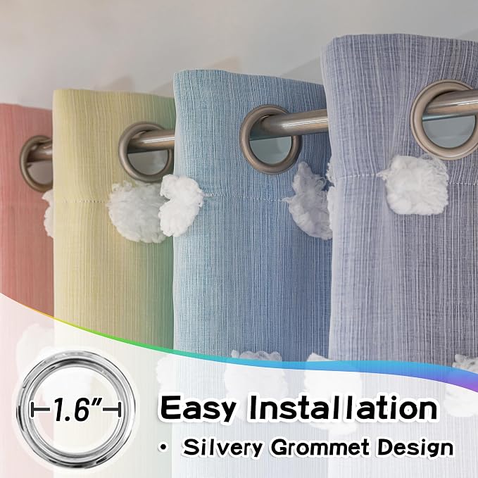 MYSKY HOME Rainbow Curtains for Boys Bedroom Kids Curtains 54 Inches Length White Pom Pom Sheer Small Window Curtains Nursery 2 Panels Double Layer Curtains Grommet Room Darkening Curtains, W52 X L54