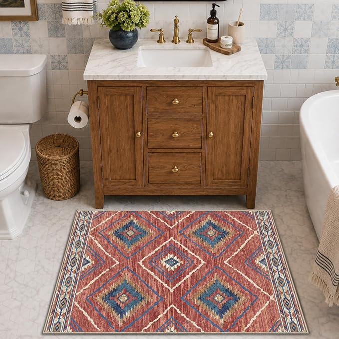 Area Rug 2x3 Rug Machine Washable Non-Slip Low Pile Print Pattern Western Rug for Living Room Bedroom Entryway Tribal Series -Red/Orange