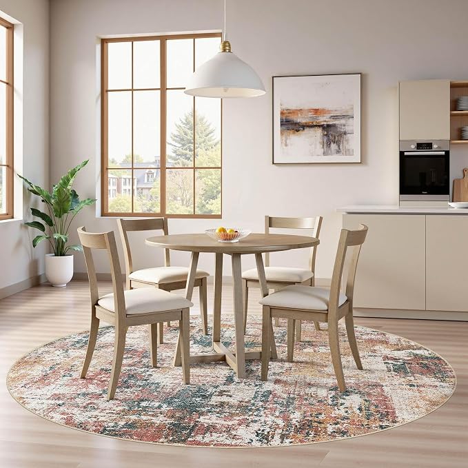 Tortania Washable 6' Round Area Rug for Living Room: Modern Abstract Neutral Large So' Thin Rugs - Non Slip Indoor Carpet for Bedroom Dining Room Office Nursery Home Floor Decoration - Colorful Multi