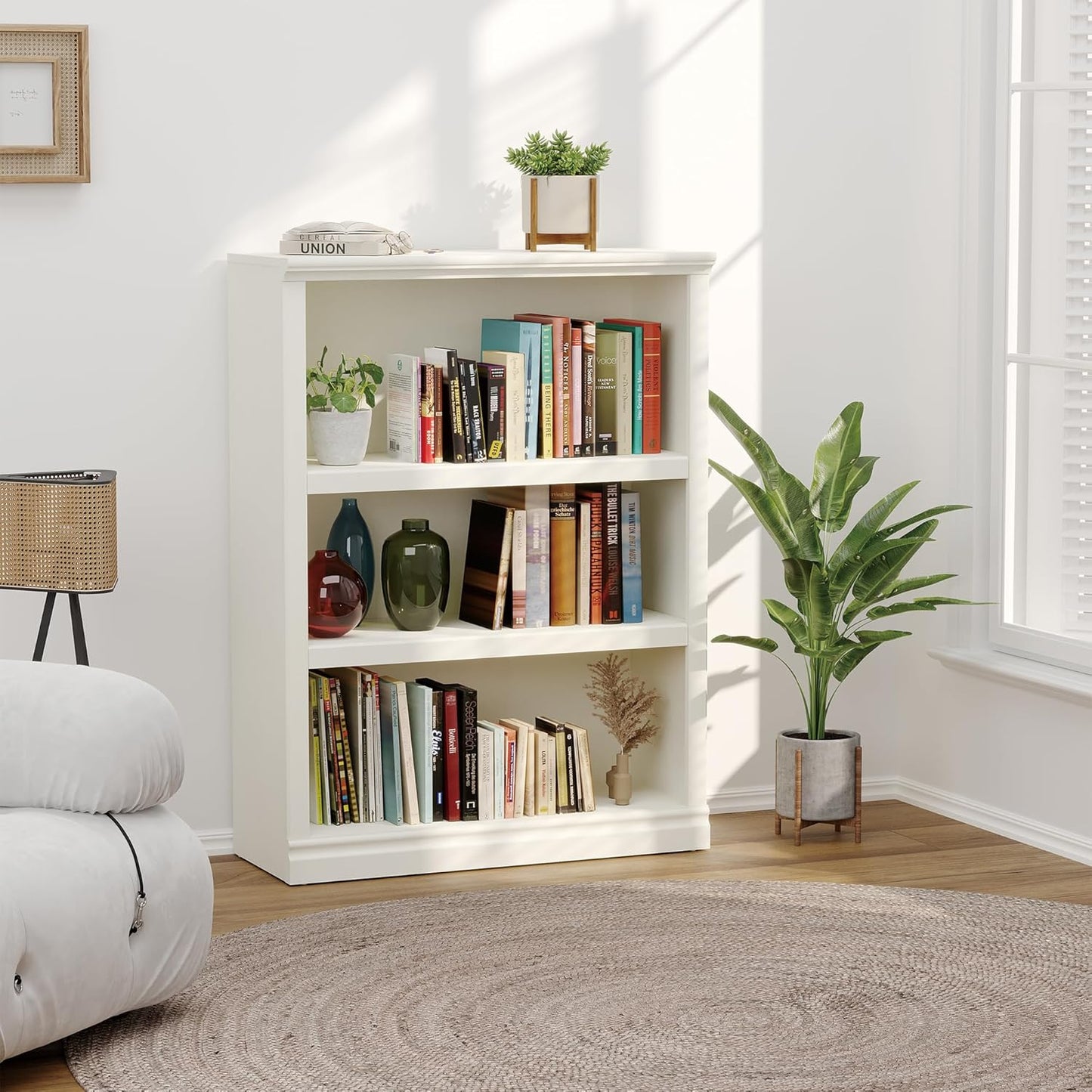 43 in Tall Bookcase, 3-Tier Bookshelf Open Storage, 33 inch Wide Floor Standing Indoor Furniture, Book Cases for Home School Library Office Bedroom Kids, White 3 Tiers