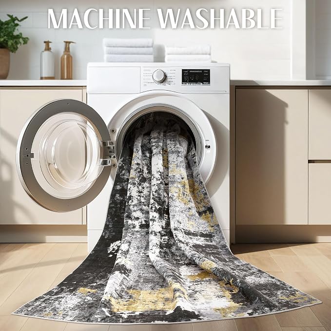 Abstract 6x9 Area Rug: Machine Washable Non Slip Ultra Thin Low-Pile Carpet, Soft Stain Resistant for Living Room Bedroom Nursery, Kid Pet Friendly, Robot Vacuum Compatible - Black Gold