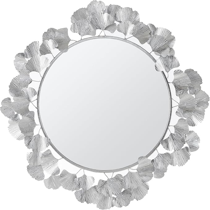 Martha Stewart Wall Décor Large Gingko Leaf Round Wall Mirror for Living Room, Iron Metal Plate Frame Antique Finish, Ready to Hang Bedroom Decoration, Eden, 30.5", Silver