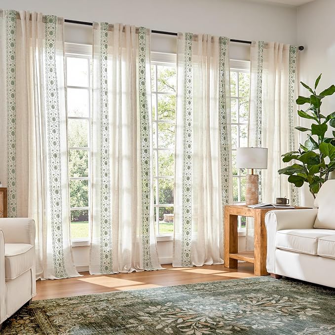 jinchan Weslie Boho Curtains for Bedroom Sage Green Vintage Floral Farmhouse Curtains 96 Inches Long Linen Drapes for Living Room Embroidered Light Filtering Drapes Sage on Beige 2 Panels