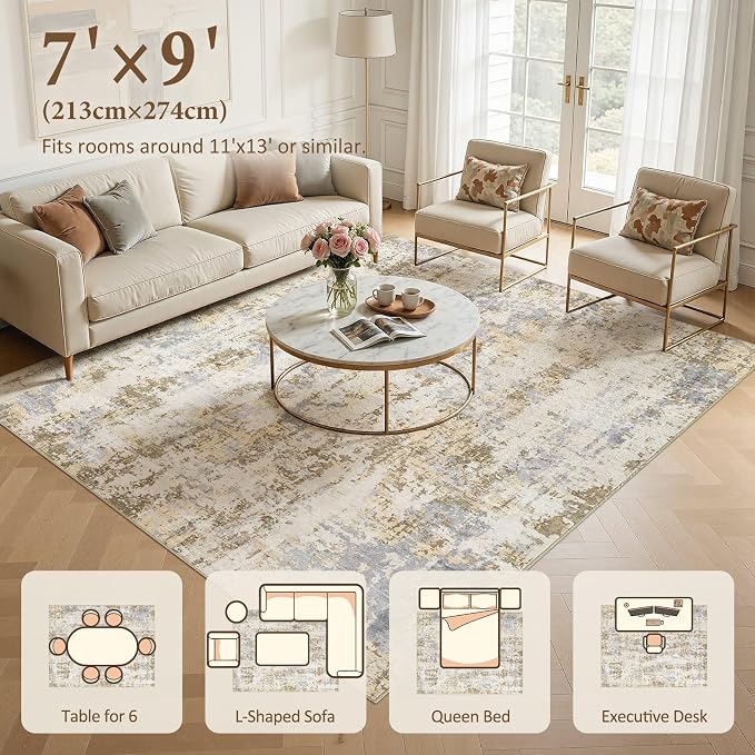 Area Rugs 7x9 Living Room: Washable Large Abstract Modern Neutral Soft Rug Stain Resistant Non-Slip Backing Carpet for Bedroom Dining Room Indoor Nursery Dorm Home Office Decor - Brown