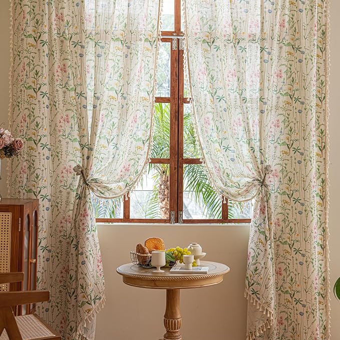 Deeprove Boho Curtains 63 Inches Length 2 Panels with Handmade Cream Tassel, Herbs Florals Print Textured Window Drapes for Living Room Bedroom Farmhouse Cottage Shabby Style Privacy, 52W x 63L