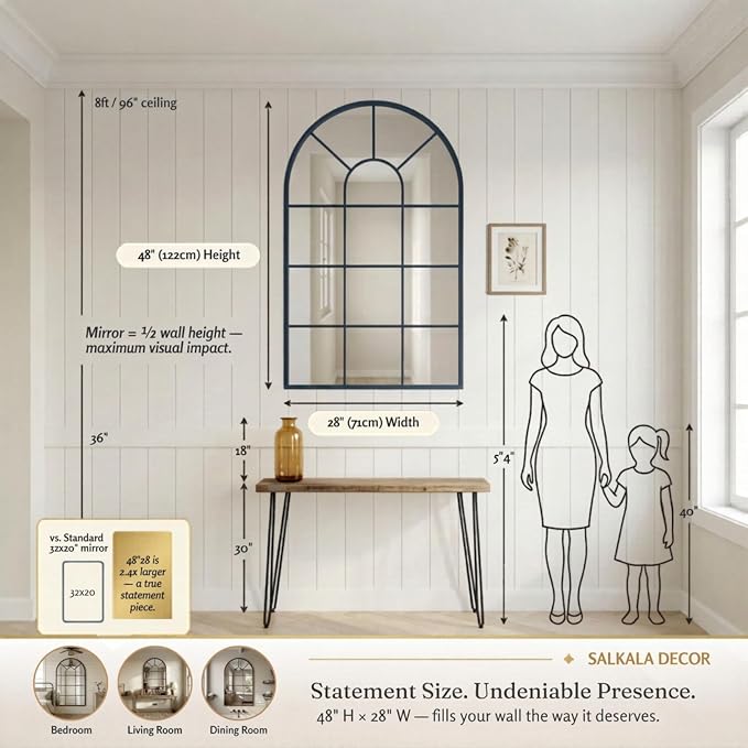 Blue Framed 48x28Inch Arched Window Pane Mirror| Arched Mirrors for Wall & Floor | Arch Mirror Full Length for Entryway Living Room & Bedroom | Oversized Mirrors | Wall Art Decorative |Farmhouse