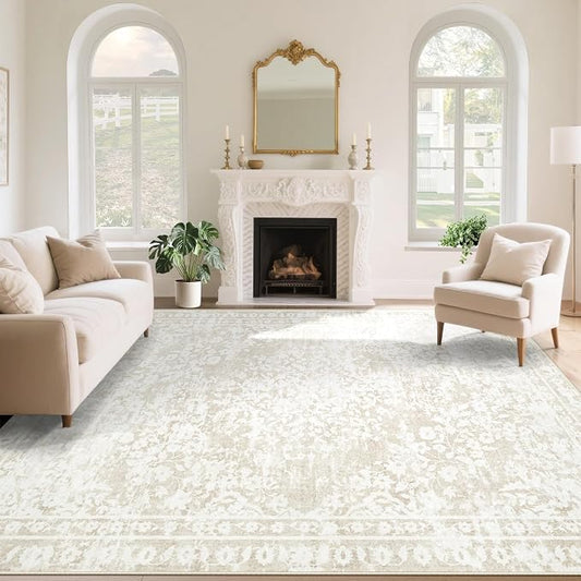 Vintage Living Room Area Rug - 10x14 Large Machine Washable Boho Area Rug Distressed Floral Rugs for Bedroom, Soft Non-Slip Indoor Floor Accent Rugs for Office Dining Room (Cream Beige, 10'x14')