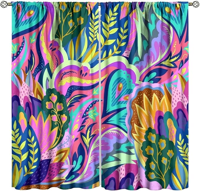 Vintage Dreamy Black Blackout Curtains Featuring Vibrant Bohemian Floral and Swirl Patterns, Ideal for Heat Insulation and Noise Reduction in Bedrooms and Living Rooms63X63 Inch