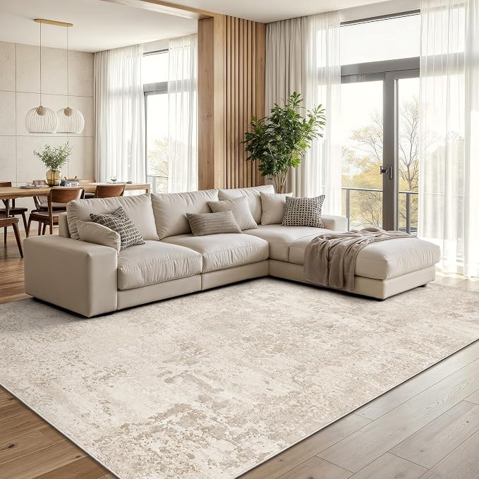 Art&Tuft Washable Rugs 6x9, Anti-Slip Backing Abstract 6x9 Area Rugs, Stain Resistant Rugs for Living Room, Foldable Machine Washable Area Rug (6'x9', Beige)