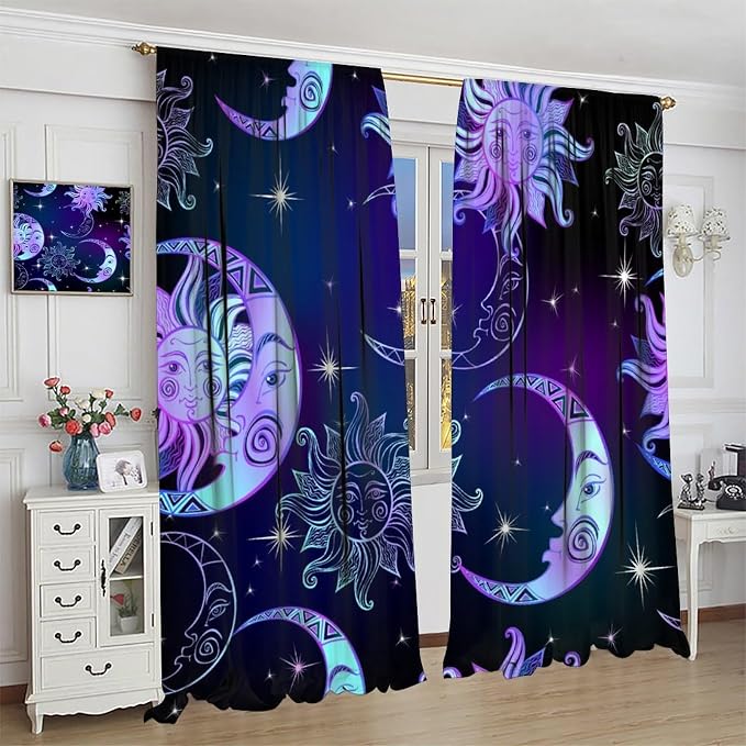 Fantasy Sun Moon Blackout Curtains, Boho Purple Black Stars Galaxy Rod Pocket Window Treatment Drapes for Bedroom Living Room 55" W X 63" L