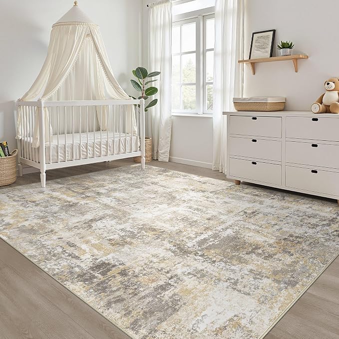 5x7 Area Rugs Living Room: Washable Large Neutral Gray Gold Rug Abstract Soft Modern Stain Resistant Indoor Floor Non-Slip Carpet for Bedroom Nursery Kids Office Playroom Dining Room Under Table Home
