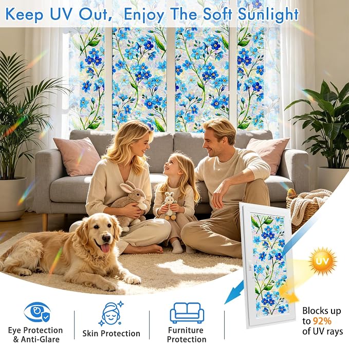 SOMWISE Rainbow Window Privacy Film,Heat Control,UV Blocking,Anti-Glare,Day & Night Privacy Protection & Decoration for Home, Bathroom,Glass Door,Static Cling,Renter-Friendly with Installation Tools
