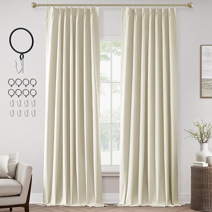 ChrisDowa Birch Pinch Pleated Blackout Linen Curtains 108 inches Long 2 Panels for Living Room Bedroom Farmhouse Room darking Thermal Insulated Back Tab Hooks Rings Window Treatment Drapes,40x108