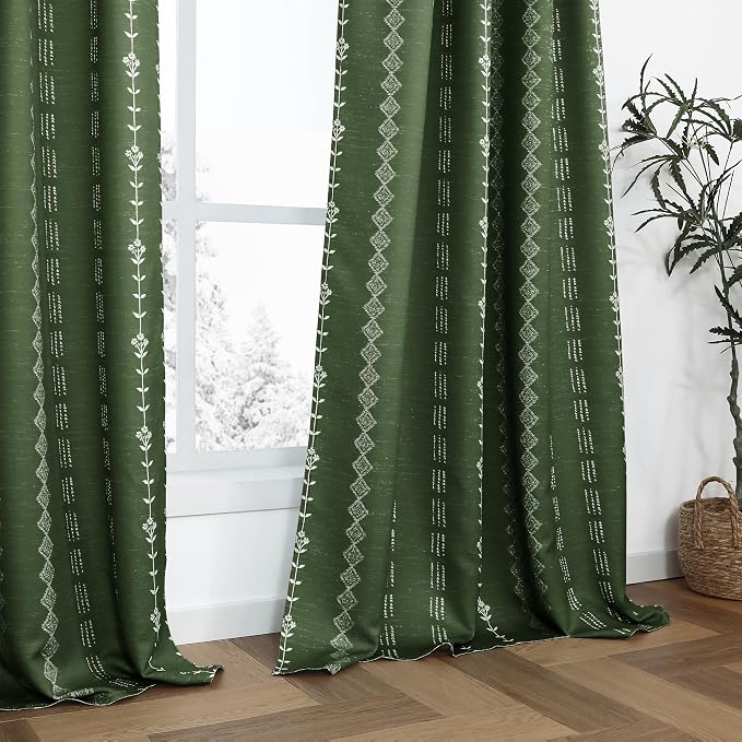 Lino Rosa Olive Green Black Out Curtains 63 Inch Long, Boho Room Darkening Curtains for Bedroom, Cozy Sanctuary Blackout Light Blocking Curtain Drapes, 50" W x 63" Length